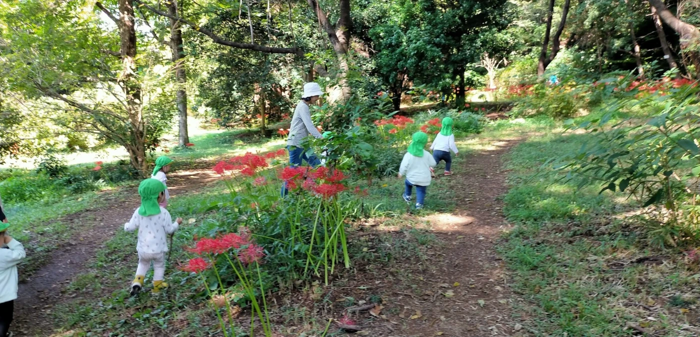 花咲く公園の道を散歩する子供たち