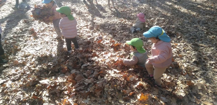 公園で落ち葉遊びをする子供たち
